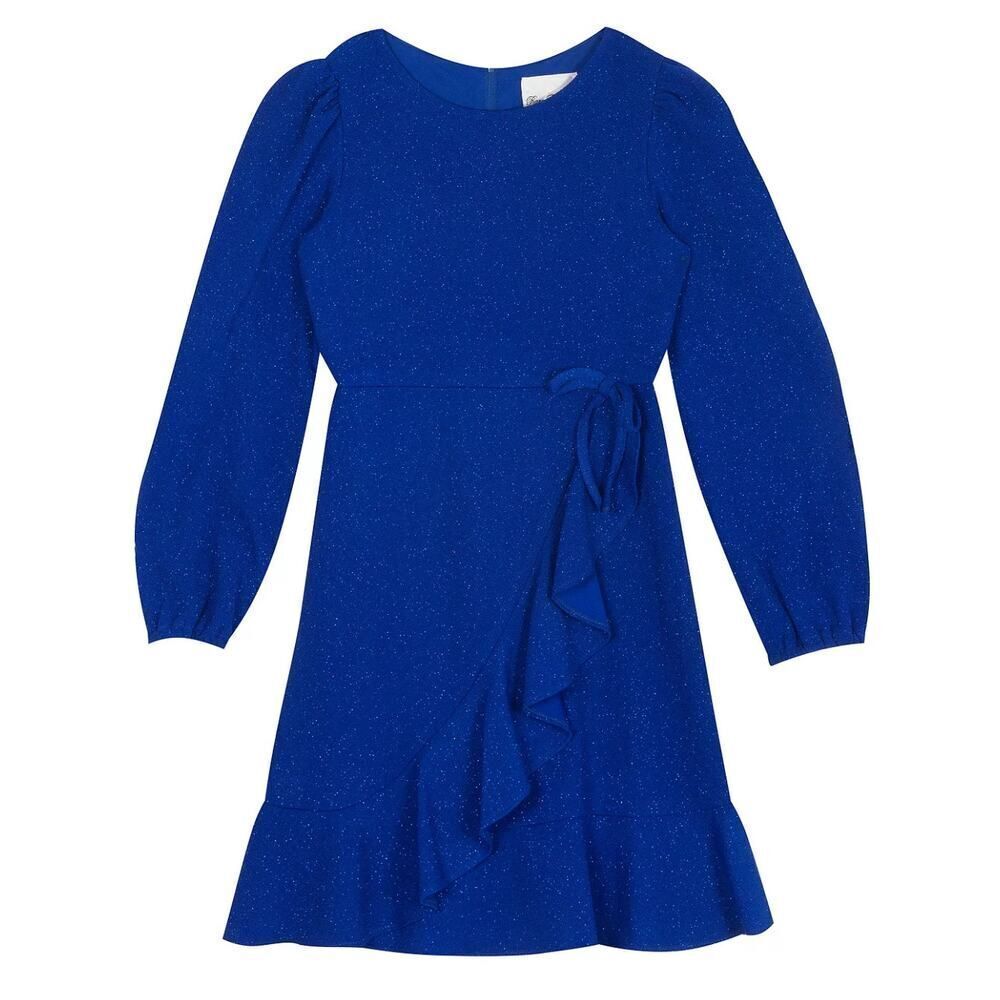 Rare Editions Big Girls Blue Long Sleeve Glitter Knit Faux Wrap Dress Size 8